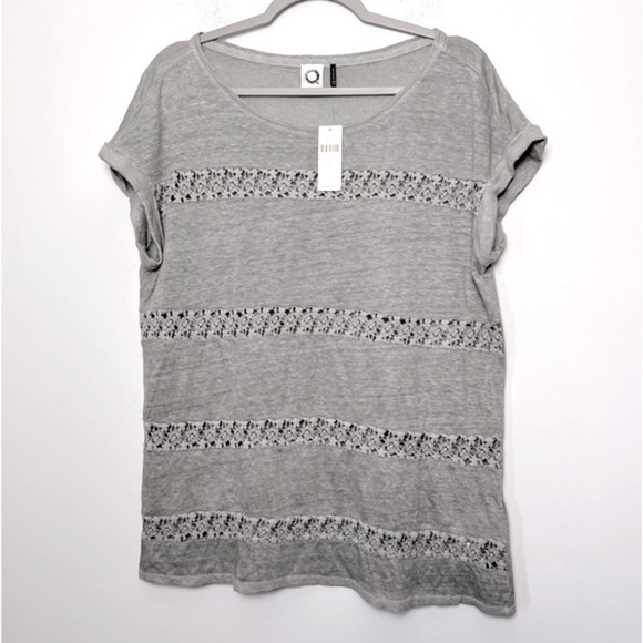 Anthropologie Akemi + Kin Gray Lattice Lace Stripe Short Sleeve Linen Tee NEW - Picture 2 of 13